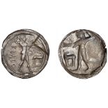 Greek Coinages, Bruttium, Kaulonia, Nomos, 530-500, Apollo walking right, holding branch beh...