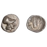 Greek Coinages, Southern Lucania, Metapontion, Diobol, c. 325-275, helmeted head of Athena r...