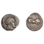 Greek Coinages, Southern Lucania, Sybaris, Triobol, c. 446-440, head of Athena right, wearin...