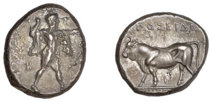 Greek Coinages, Northern Lucania, Poseidonia, Nomos, c. 420-410, Poseidon standing right, ca...