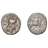 Anonymous, silver Sestertius, c. 211-208, helmeted head of Roma right, ii s behind, rev. Dio...