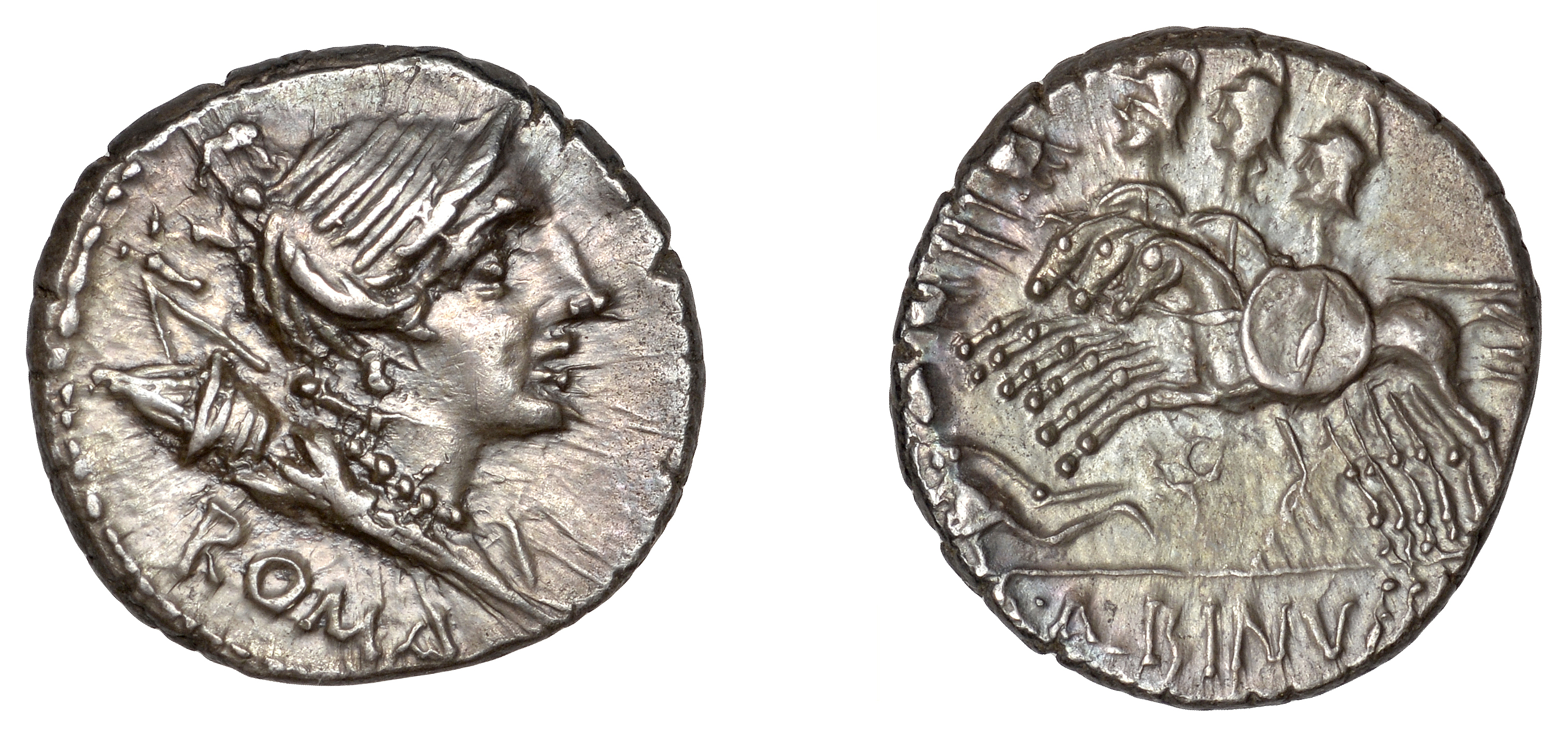 A. Albinus, Denarius, c. 96, bust of Diana right, bow and quiver over shoulder, rev. cavalry...
