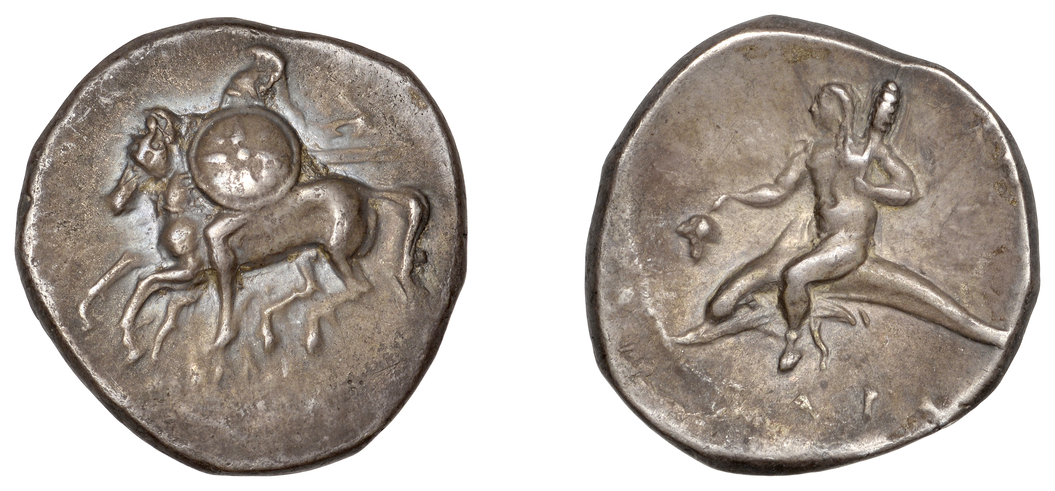 Greek Coinages, Calabria, Tarentum, Nomos, 280-272, warrior on horseback left, holding spear...