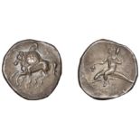 Greek Coinages, Calabria, Tarentum, Nomos, 280-272, warrior on horseback left, holding spear...