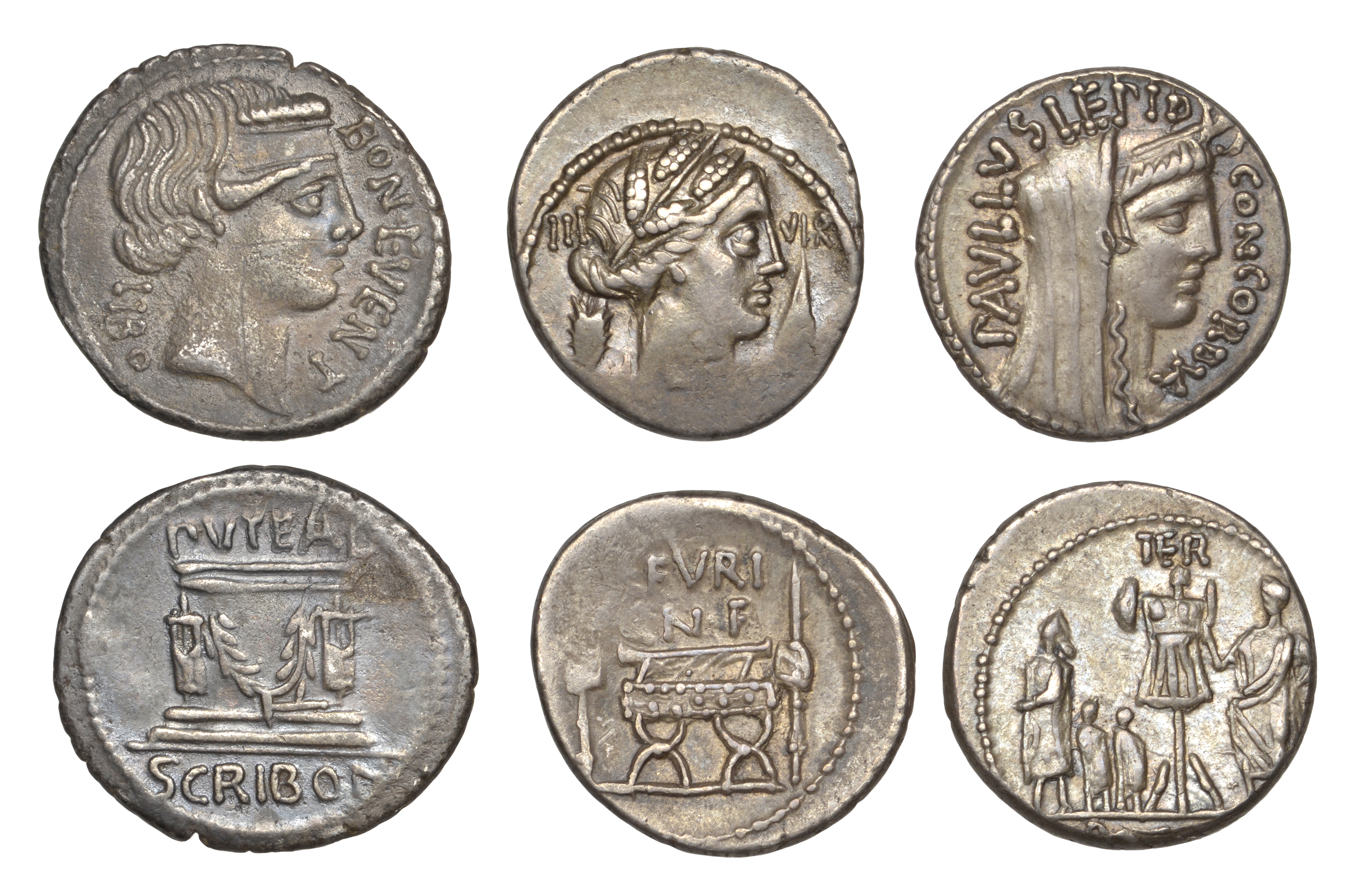 L. Furius Brocchus, Denarius, c. 63, head of Ceres right, flanked by corn-ear and barley gra...