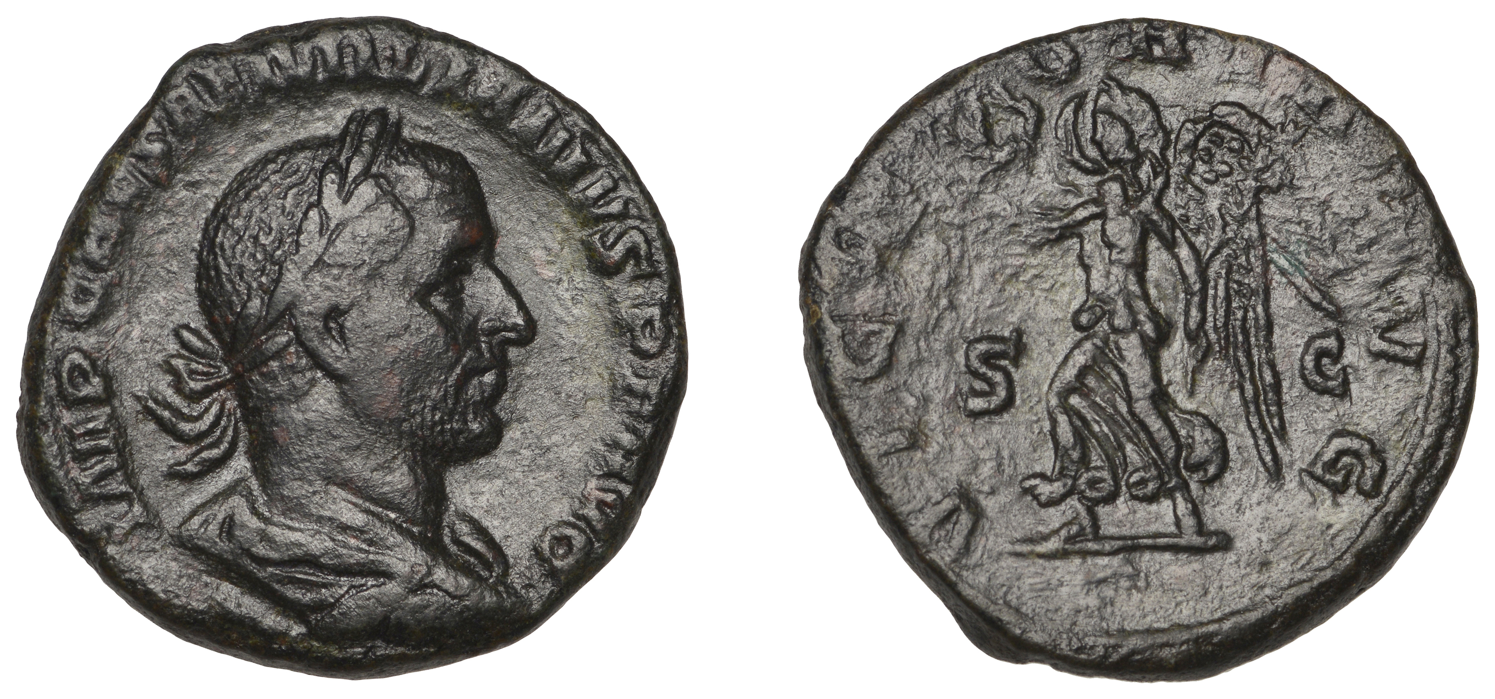 Ã†milian, Sestertius, 253, laureate and draped bust right, rev. Victory advancing left, holdi...