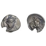 Greek Coinages, Calabria, Tarentum, Diobol, 280-228, head of Athena facing three-quarters le...