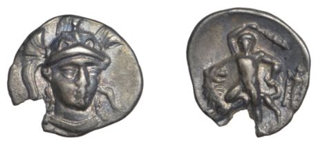 Greek Coinages, Calabria, Tarentum, Diobol, 280-228, head of Athena facing three-quarters le...