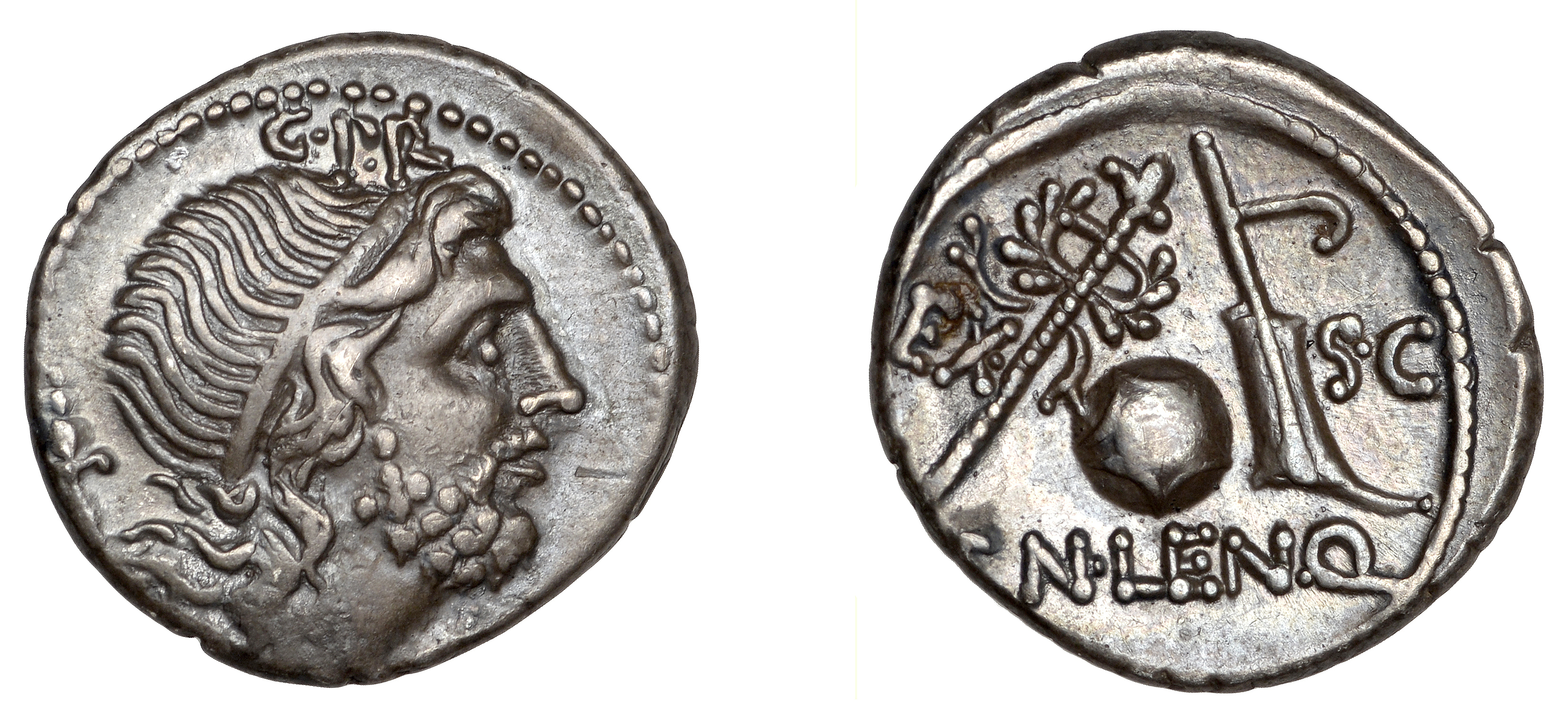 Cn. Lentulus, Denarius, c. 76-75, Spain (?), diademed and draped head of Genius right, scept...