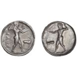 Greek Coinages, Bruttium, Kaulonia, Nomos, 530-500, Apollo walking right, holding branch beh...