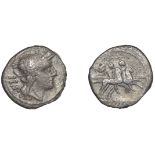 Anonymous, silver Sestertius, c. 211-208, helmeted head of Roma right, ii s behind, rev. Dio...