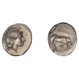 Greek Coinages, Southern Lucania, Thurium, Triobol, 443-400, head of Athena right, wearing h...