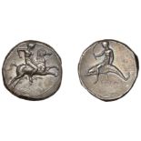 Greek Coinages, Calabria, Tarentum, Nomos, 400-390, youth on horseback right, holding whip,...