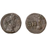 Commodus, Sestertius, 186, laureate head right, rev. Emperor standing left on platform, gest...