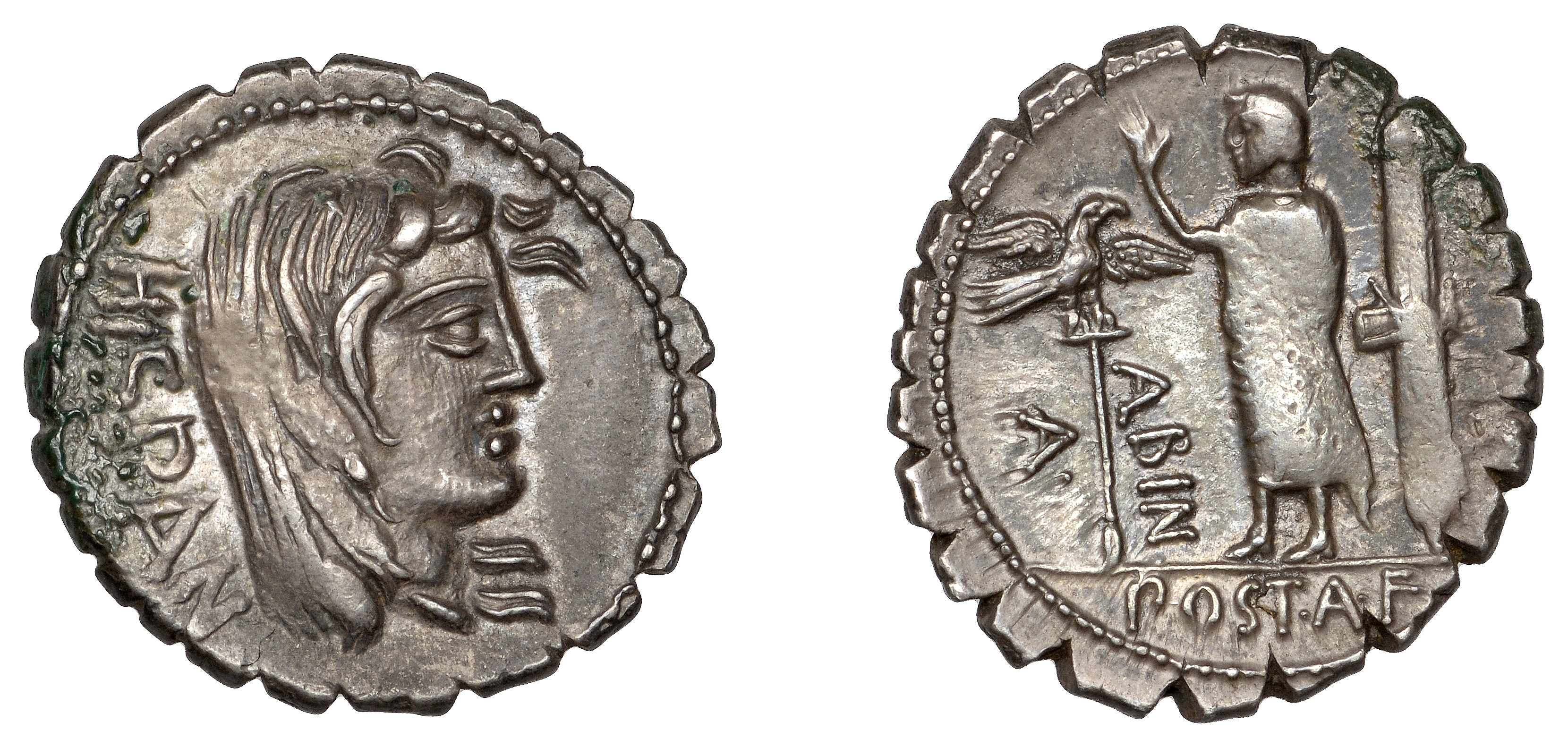 A. Postumius Albinus, serrate Denarius, c. 81, head of Hispania right, windswept hair, rev....