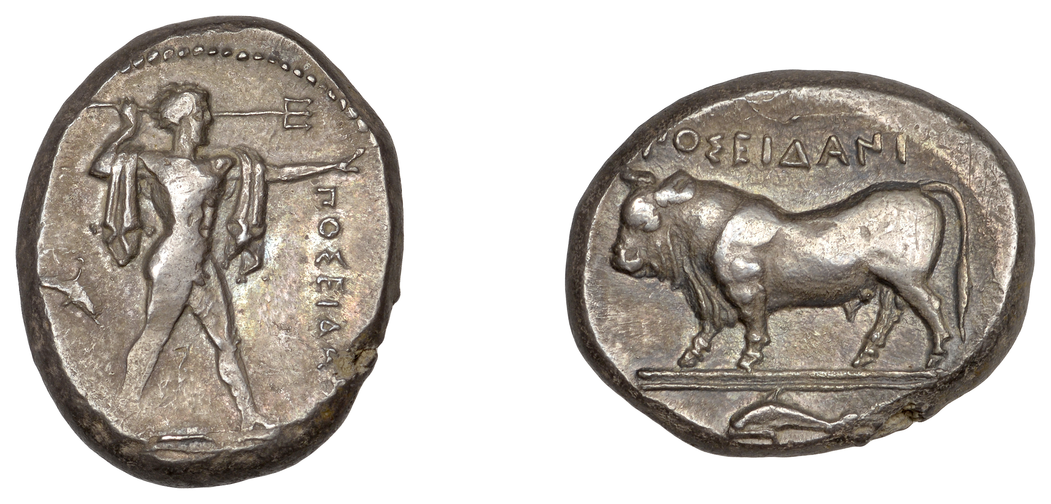 Greek Coinages, Northern Lucania, Poseidonia, Nomos, c. 410-350, Ï€Î¿ÏƒÎµÎ¹Î´Î±, Poseidon standing..