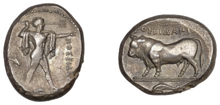 Greek Coinages, Northern Lucania, Poseidonia, Nomos, c. 410-350, Ï€Î¿ÏƒÎµÎ¹Î´Î±, Poseidon standing..
