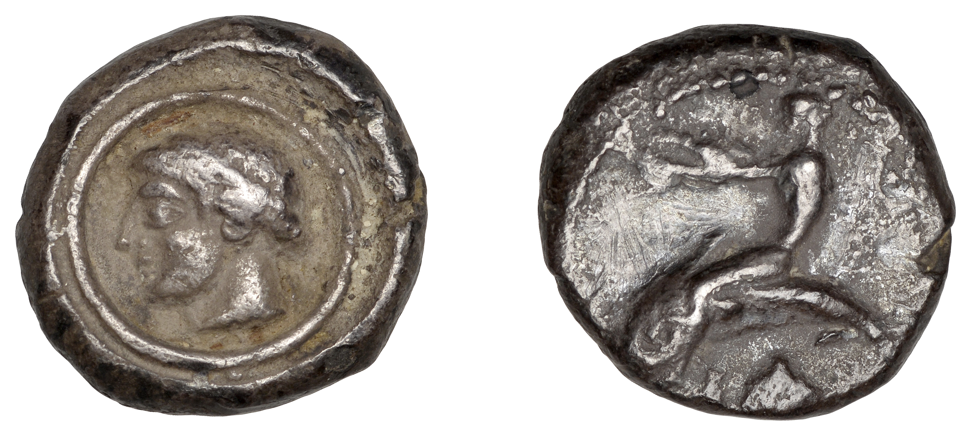 Greek Coinages, Calabria, Tarentum, Nomos, 470-465, dolphin-rider left, arms outstretched, r...