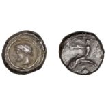 Greek Coinages, Calabria, Tarentum, Nomos, 470-465, dolphin-rider left, arms outstretched, r...