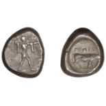 Greek Coinages, Northern Lucania, Poseidonia, Nomos, c. 470-445, Ï€Î¿Î¼Îµ, Poseidon standing rig...