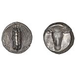 Greek Coinages, Southern Lucania, Metapontion, Triobol, c. 470-440, meta, ear of barley with...