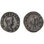 Maximus, Sestertius, 236-238, draped bust right, rev. Maximus in military attire standing le...