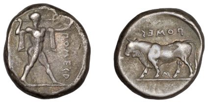 Greek Coinages, Northern Lucania, Poseidonia, Nomos, c. 420-410, Ï€Î¿mÎµsÎ´, Poseidon standing r...