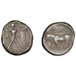 Greek Coinages, Northern Lucania, Poseidonia, Nomos, c. 420-410, Ï€Î¿mÎµsÎ´, Poseidon standing r...