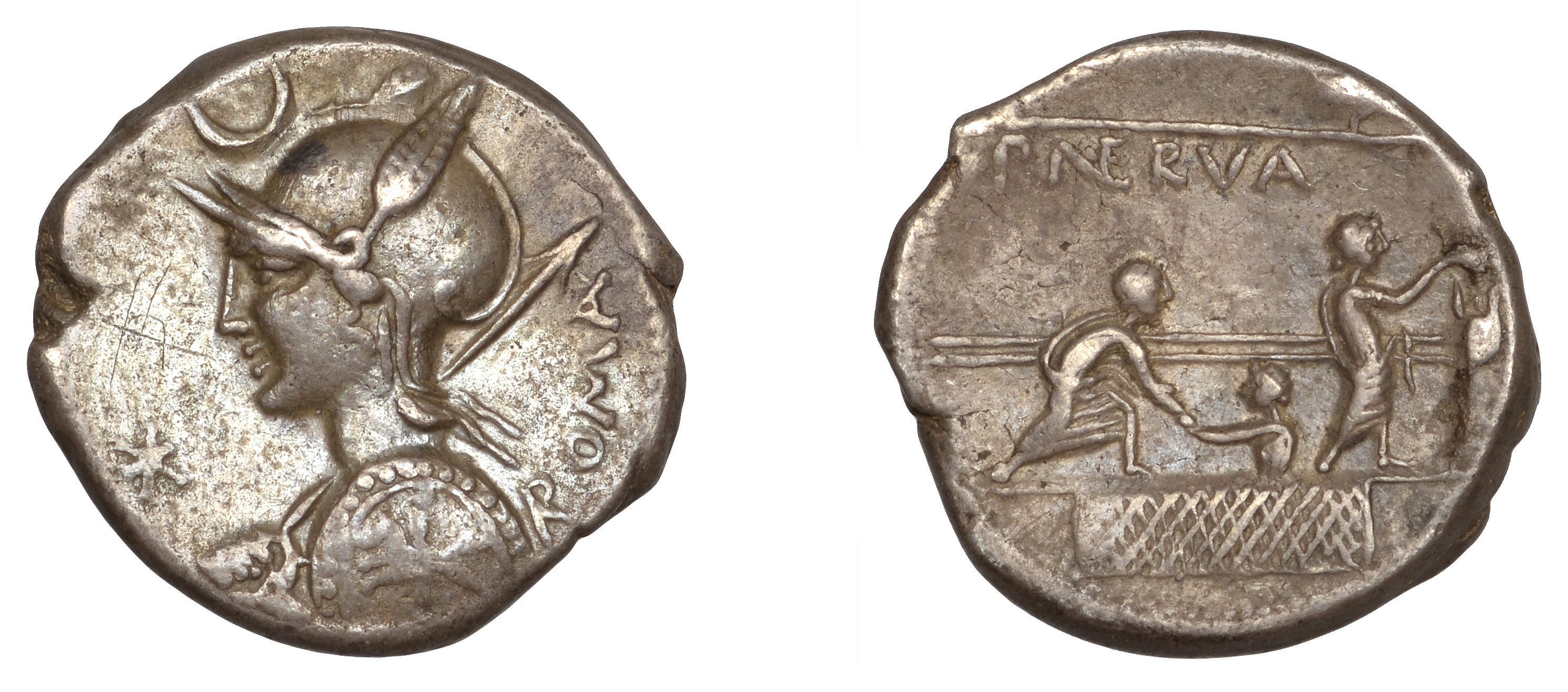 P. Nerva, Denarius, c. 113-112, helmeted head of Roma left, spear over shoulder, rev. voting...