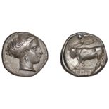 Greek Coinages, Campania, Neapolis, Nomos, 395-385, head of nymph right, hair tied up in bro...