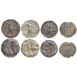 Greek Coinages, Bruttium, Kaulonia, Nomoi (3), 530-500, Apollo walking right, holding branch...