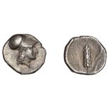 Greek Coinages, Southern Lucania, Metapontion, Diobol, c. 325-275, helmeted head of Athena r...