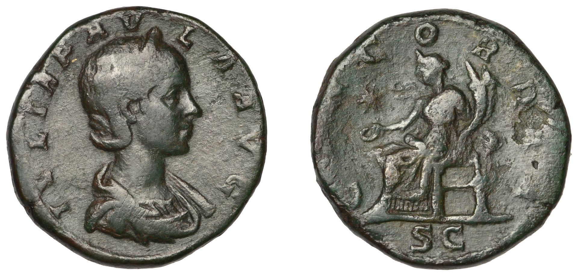 Julia Paula, Sestertius, 219-220, diademed and draped bust right, rev. Concordia seated left...