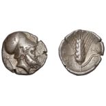 Greek Coinages, Southern Lucania, Metapontion, Nomos, c. 340-330, helmeted head of Leikippos...