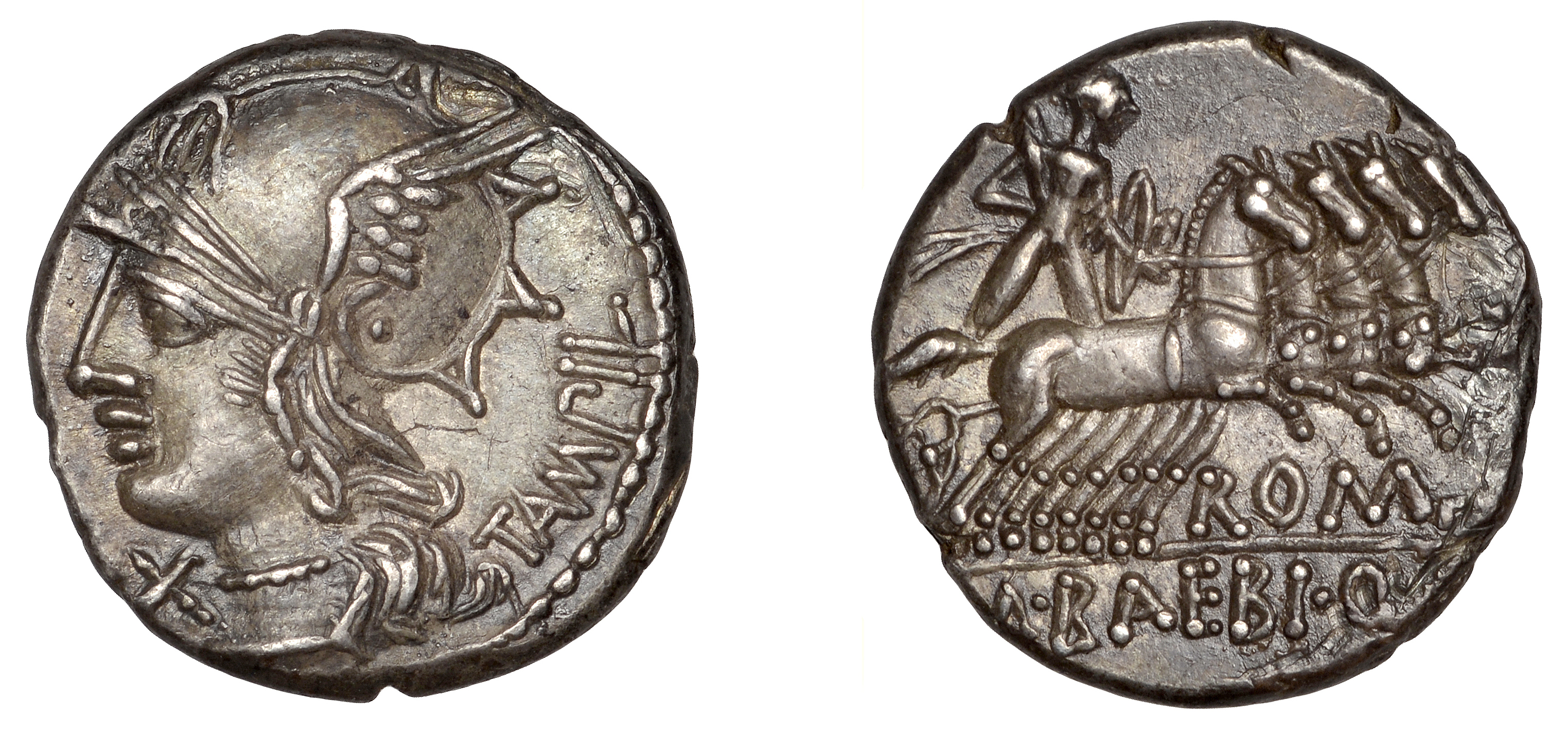 M. BÃ¦bius Q.f. Tampilus, Denarius, c. 137, helmeted head of Roma left, rev. Apollo, with bow...