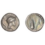 Greek Coinages, Southern Lucania, Lucani, Drachm, 280-272, head of Athena right wearing cres...