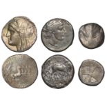 Greek Coinages, Sicily, Katane, Tetradrachm, 435-412, charioteer driving slow quadriga right...