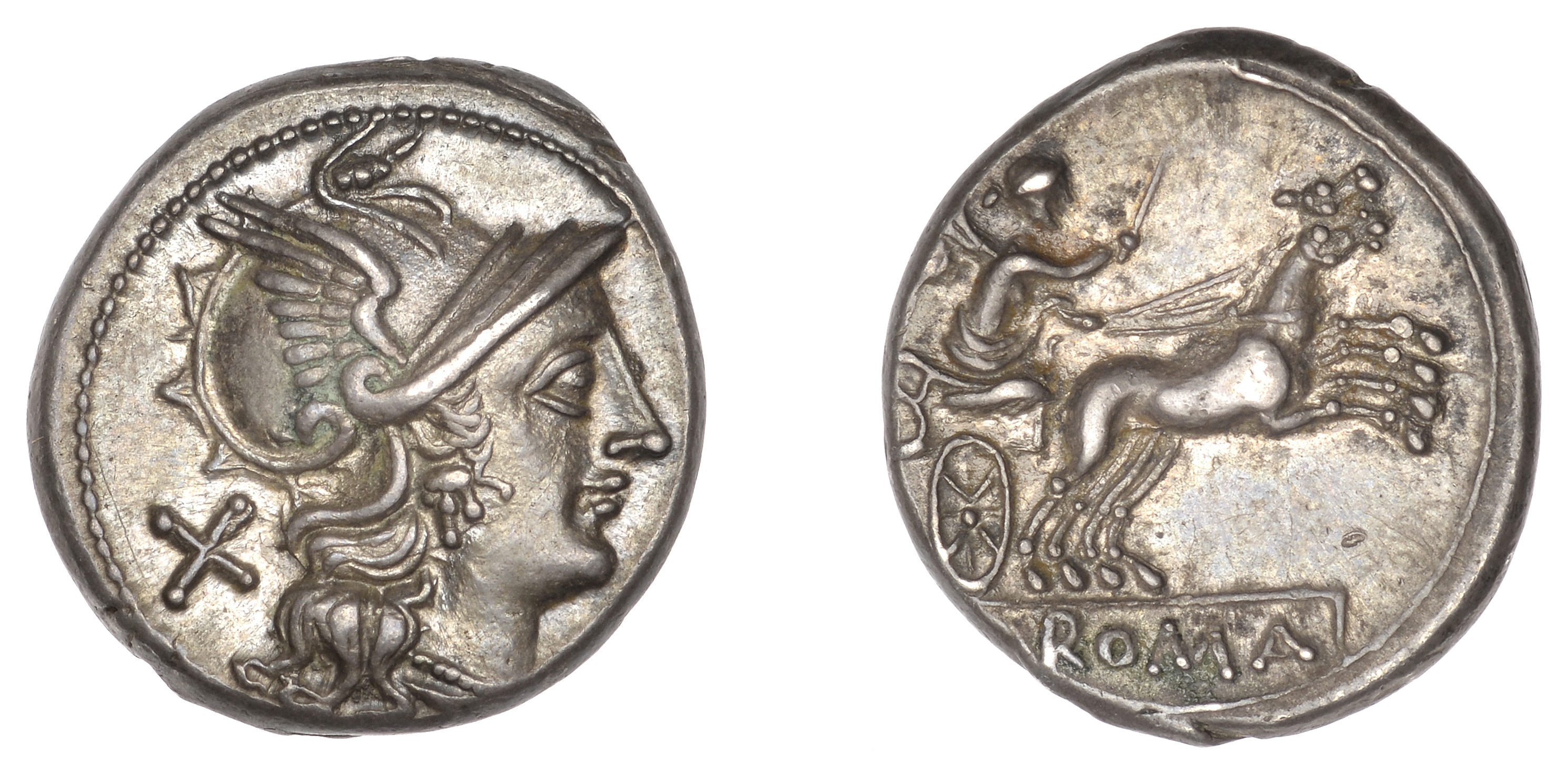 Anonymous, Denarius, c. 157-155, head of Roma right, wearing winged helmet, rev. Victory dri...