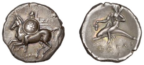 Greek Coinages, Calabria, Tarentum, Nomos, 280-272, warrior on horseback left, holding spear...
