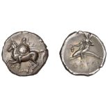 Greek Coinages, Calabria, Tarentum, Nomos, 280-272, warrior on horseback left, holding spear...