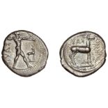 Greek Coinages, Bruttium, Kaulonia, Nomos, 475-425, Apollo walking right, ÎºÎ±Ï…Î» to left, stag...