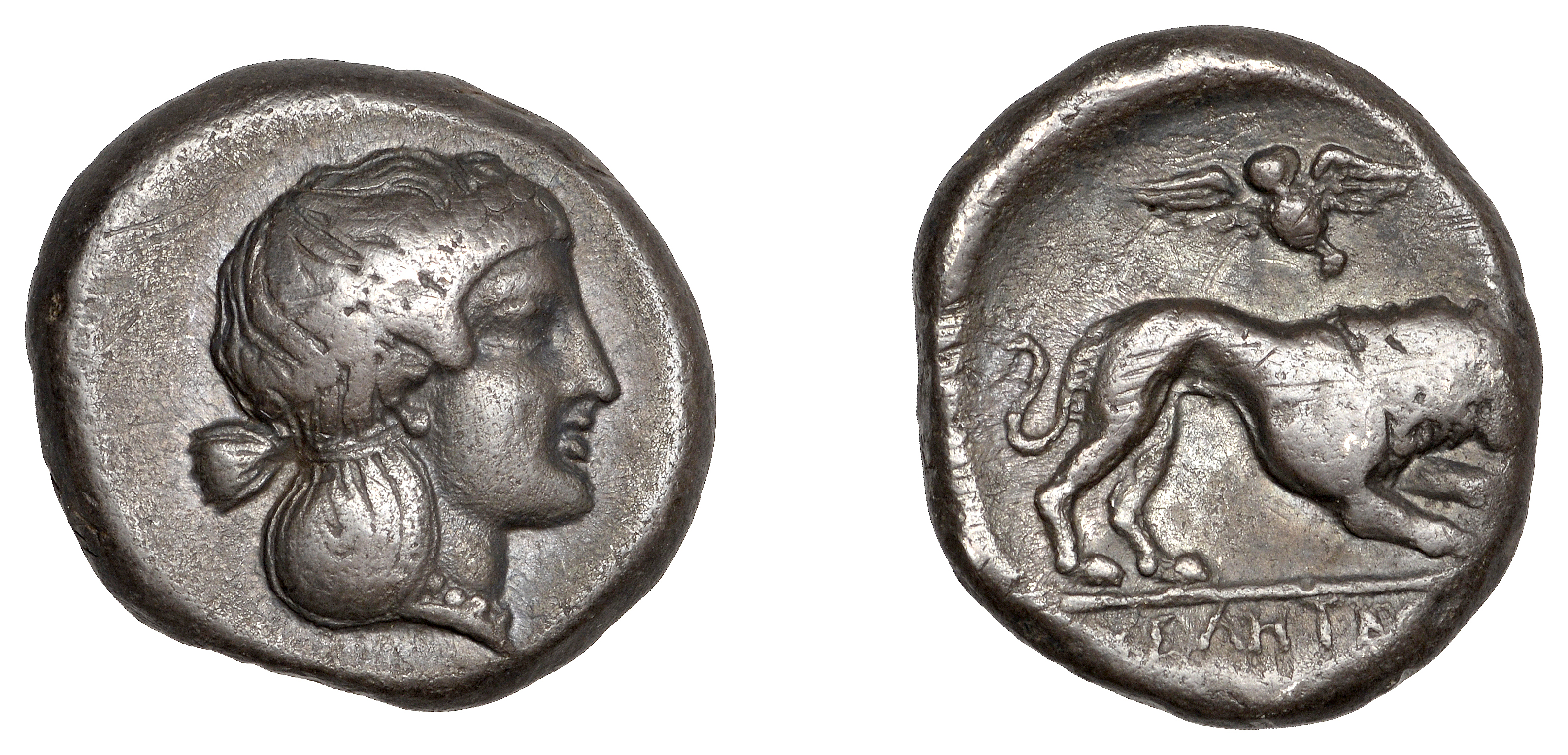 Greek Coinages, Northern Lucania, Velia, Nomos, c. 400-340, head of nymph right, hair tied u...