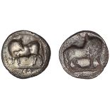 Greek Coinages, Southern Lucania, Sybaris, Nomos, c. 550-510, bull standing left, head rever...