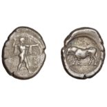 Greek Coinages, Northern Lucania, Poseidonia, Nomos, c. 445-420, Ï€Î¿Î¼Îµs, Poseidon standing ri...