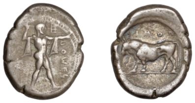 Greek Coinages, Northern Lucania, Poseidonia, Nomos, c. 445-420, Ï€Î¿Î¼Îµs, Poseidon standing ri...
