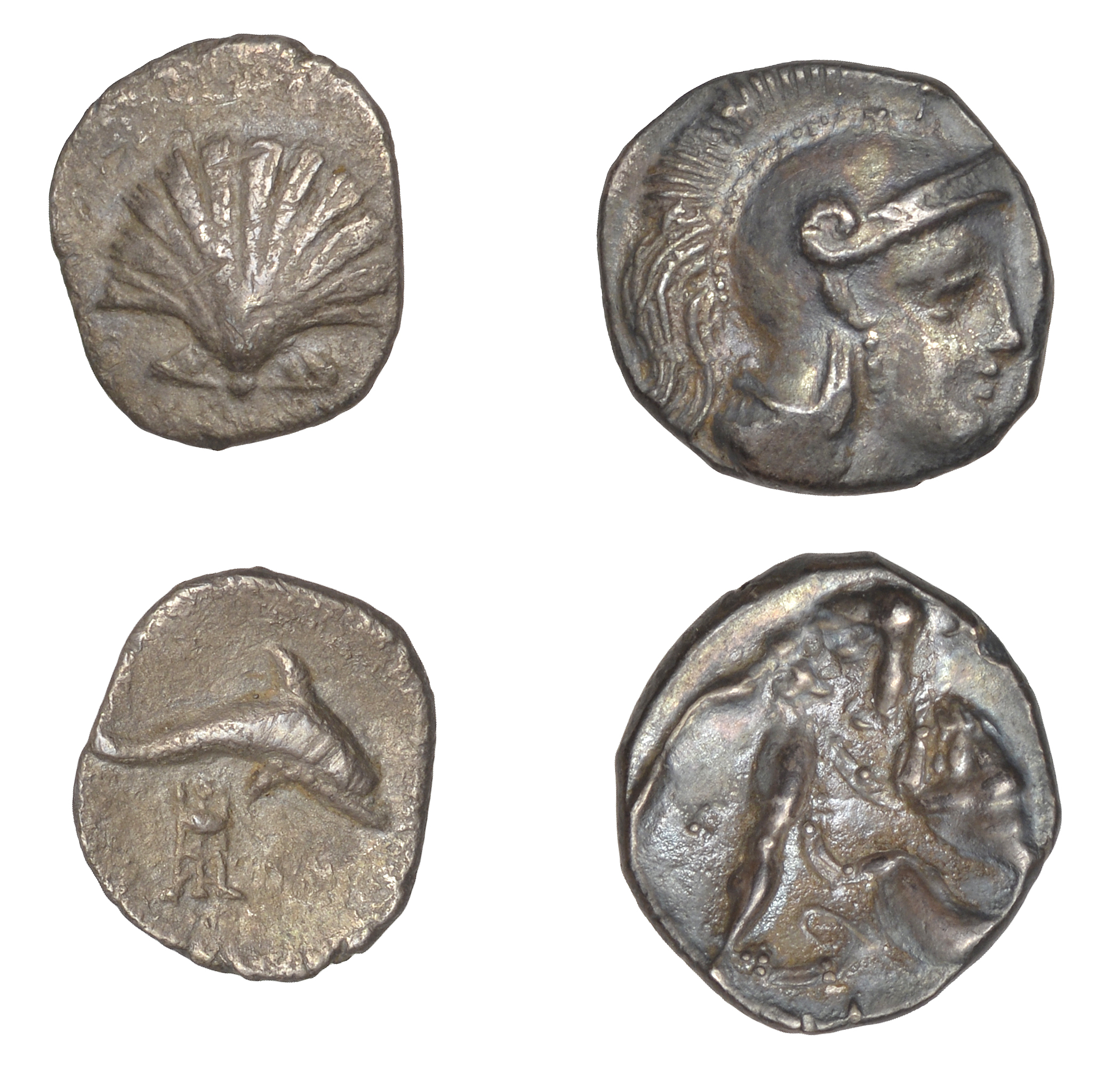 Greek Coinages, Calabria, Tarentum, Diobol, 325-280, head of Athena right wearing crested he...