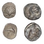 Greek Coinages, Calabria, Tarentum, Diobol, 325-280, head of Athena right wearing crested he...