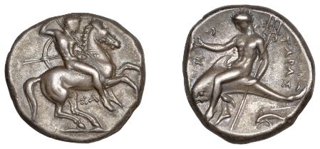 Greek Coinages, Calabria, Tarentum, Nomos, 332-302, warrior on horseback right, holding spea...