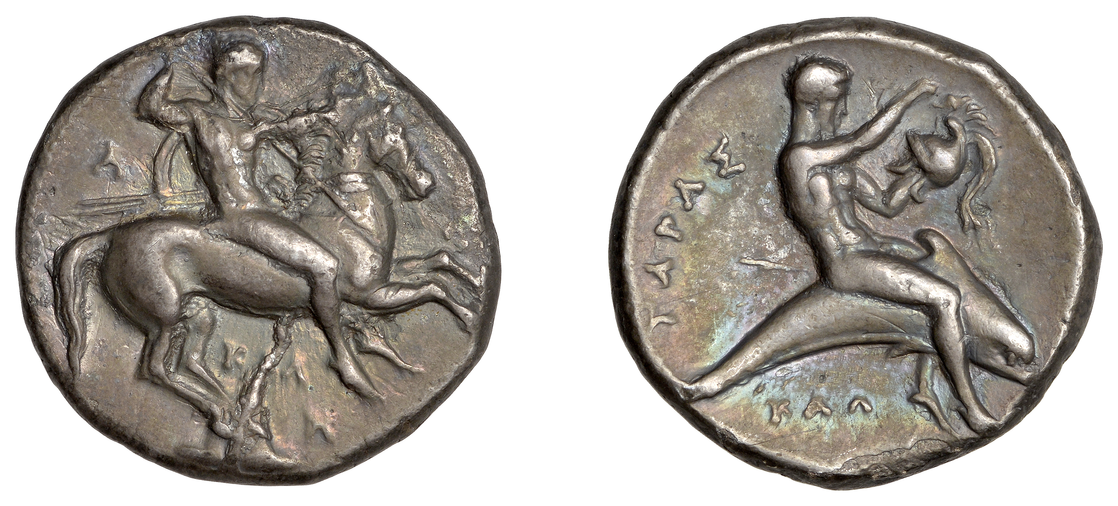 Greek Coinages, Calabria, Tarentum, Nomos, 340-325, by the moneyer Kal[â€“], youth on horsebac...