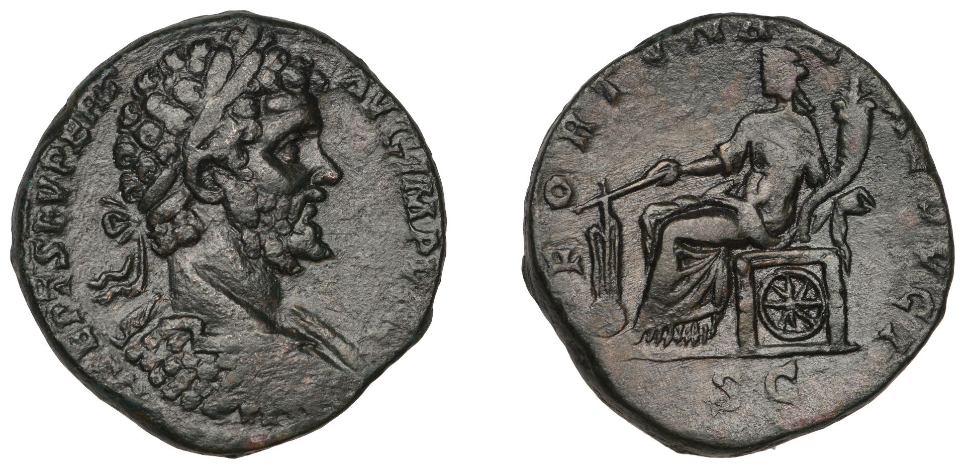 Septimius Severus, Sestertius, 196, laureate and cuirassed bust right, rev. Fortuna seated l...
